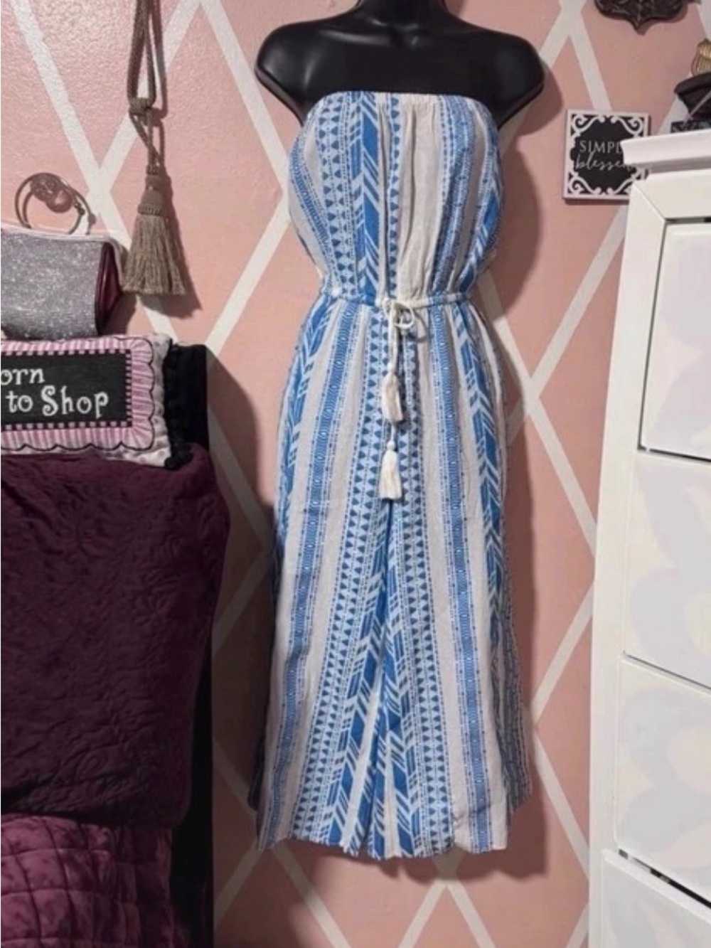 Elan Blue & White Strapless Printed Jumpsuit